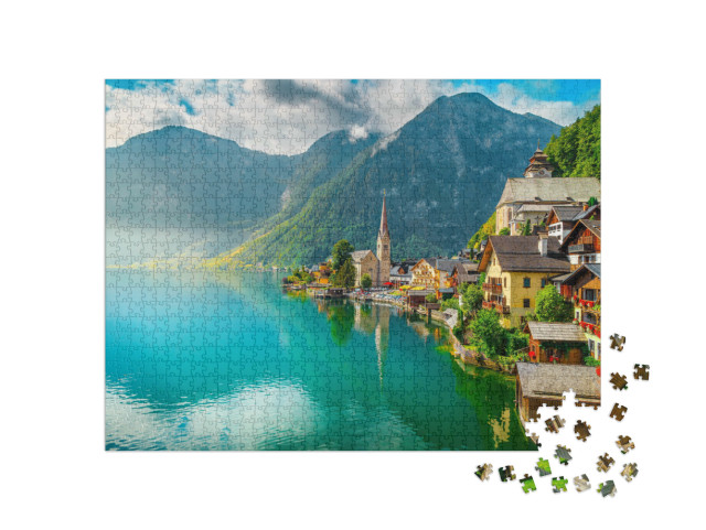 puzzle 1000 dílků „Malebná vesnice Hallstadt a Hallstadtské jezero, Solná komora, Rakousko“