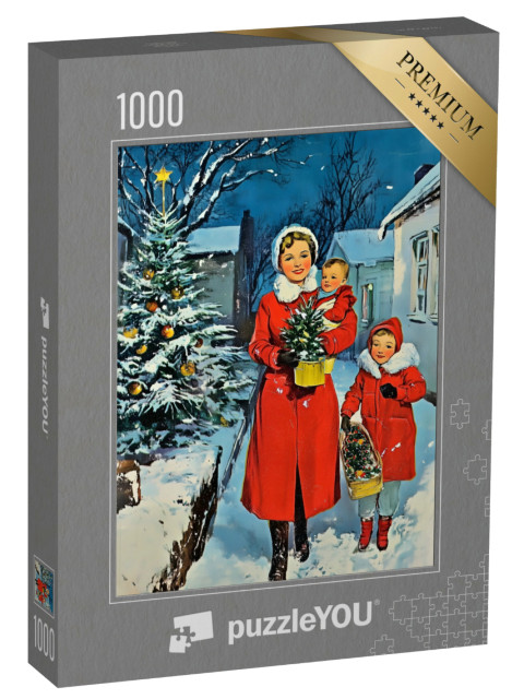 puzzle 1000 dílků „Retro styl: Matka s dětmi v červených kabátech na Štědrý večer“