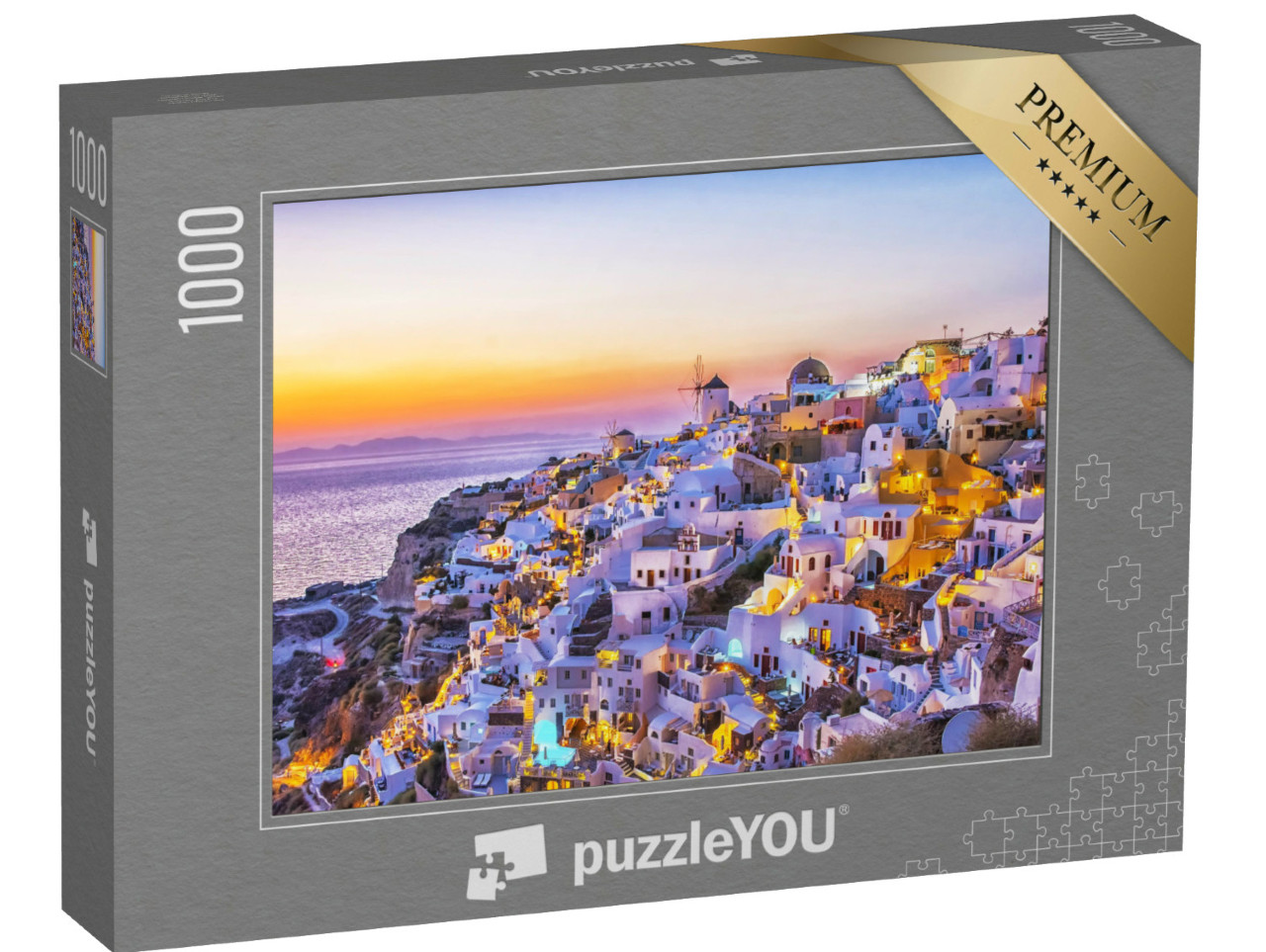 puzzle 1000 dílků „Vesnice Oia s tradičními bílými domy a větrnými mlýny, Santorini, Řecko“