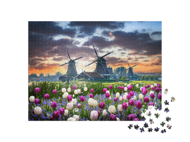 puzzle 1000 dílků „Holandské větrné mlýny v Zaanse Schans“