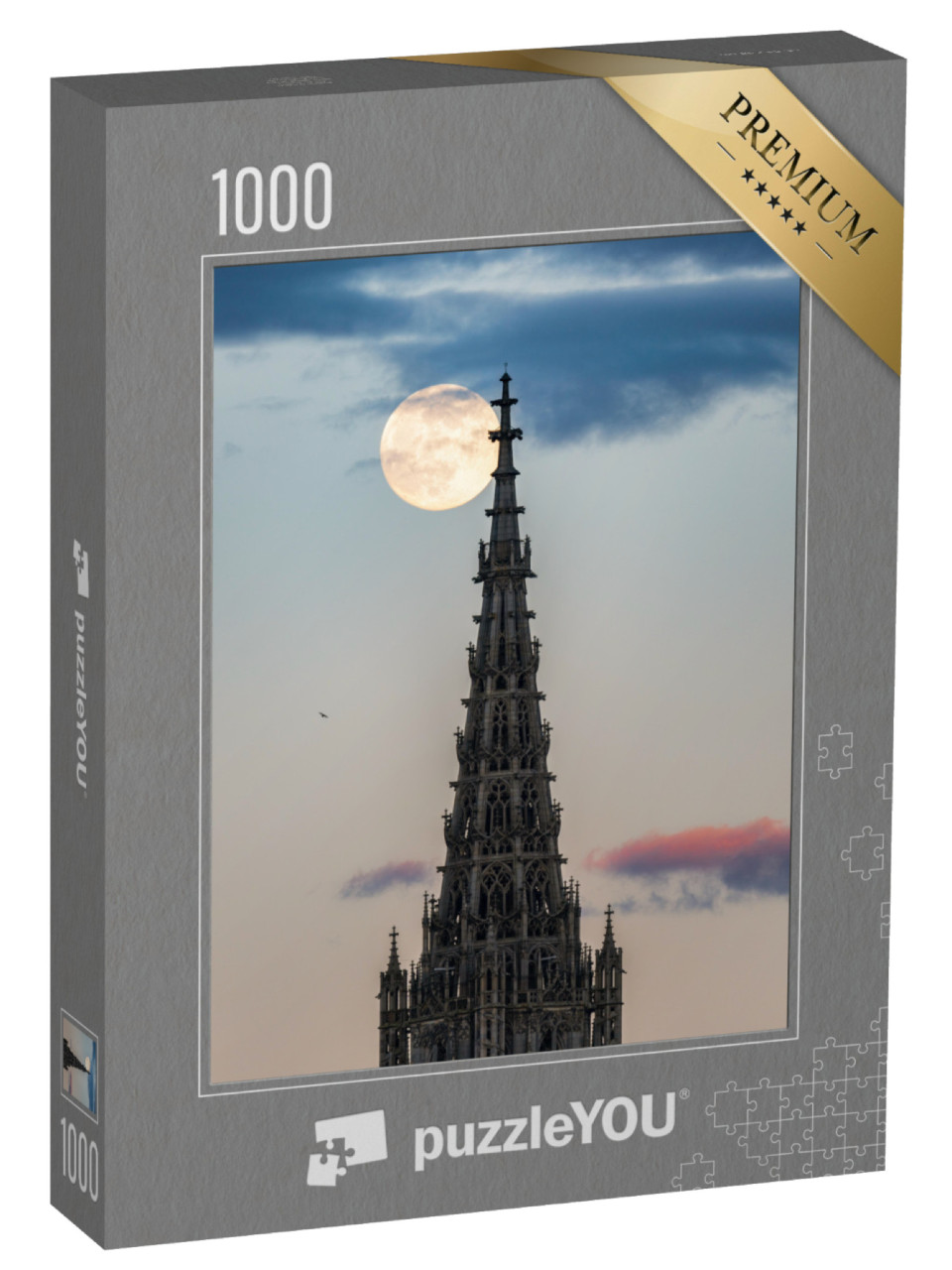 puzzle 1000 dílků „Vrchol Ulmského kláštera s měsícem v úplňku“