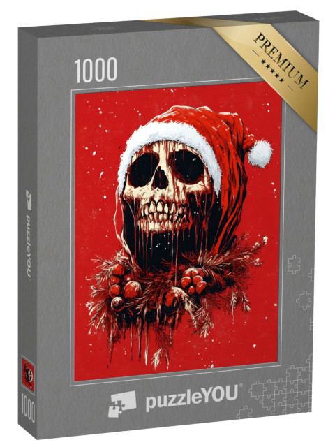 puzzle 1000 dílků „Děsivá lebka v kostýmu Santa Clause“