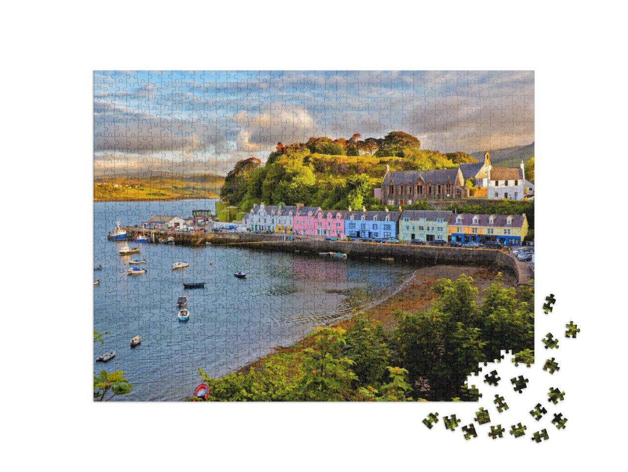 puzzle 1000 dílků „Západ slunce nad Portree, ostrov Skye, Skotsko“