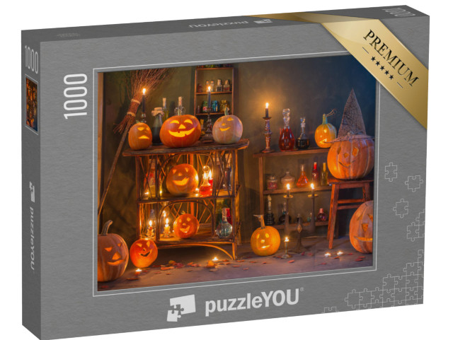 puzzle 1000 dílků „Krásné halloweenské dekorace s dýněmi a kouzelnými lektvary“