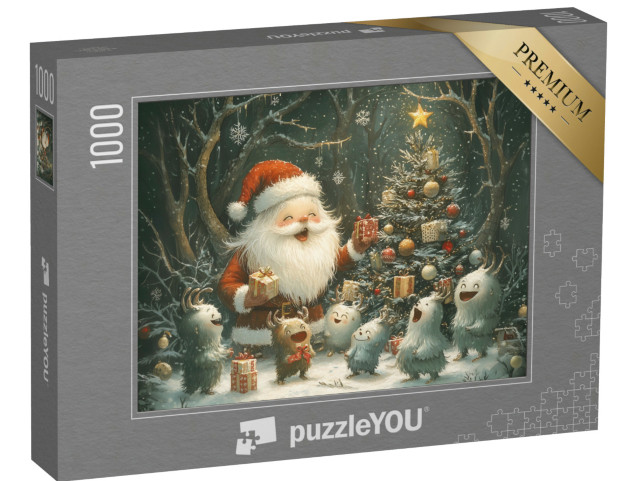 puzzle 1000 dílků „Otec Vánoc rozdává dárky chlupatým lesním duchům“