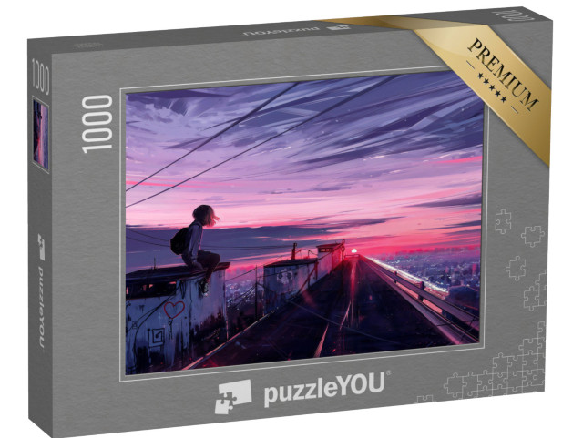 puzzle 1000 dílků „Estetická ilustrace dívky sedící na střeše“