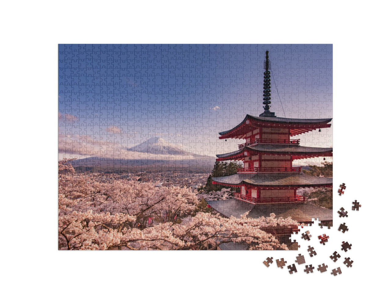 puzzle 1000 dílků „Hora Fudži a pagoda Čureito s třešňovými květy, Japonsko“