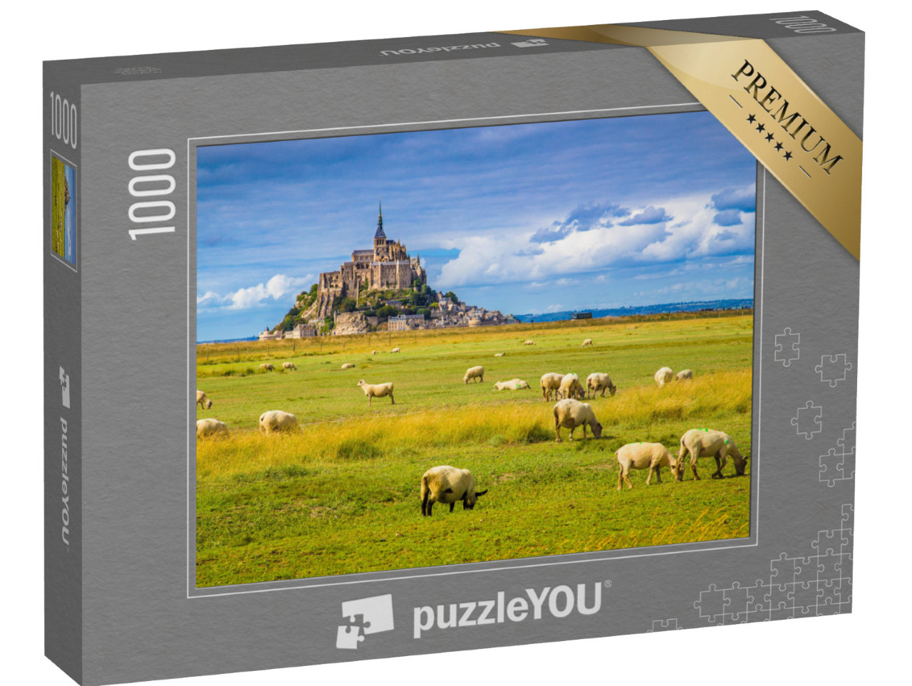 puzzle 1000 dílků „Le Mont Saint-Michel s ovcemi na zelené louce, Normandie, Francie“