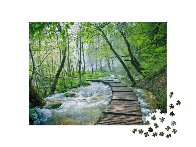 puzzle 1000 dílků „Dřevěná stezka a vodopád v Národním parku Plitvice, Chorvatsko“