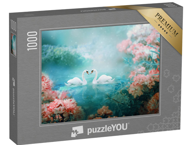 puzzle 1000 dílků „Dvě bílé labutě proplouvají pohádkovou krajinou“