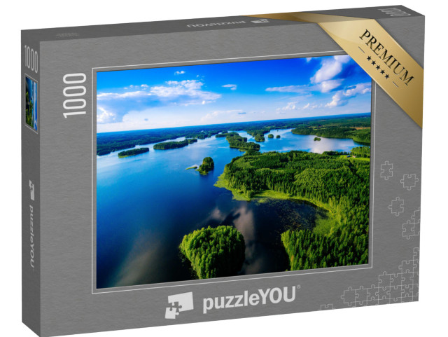 puzzle 1000 dílků „Modrá jezera s ostrovy a lesy, Finsko“