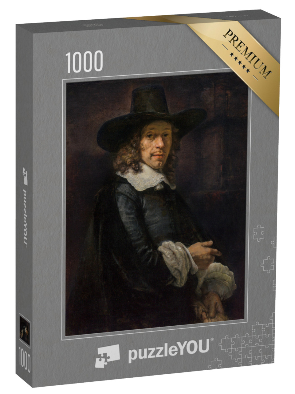 puzzle 1000 dílků „Rembrandt - Portrét gentlemana s velkým kloboukem a rukavicemi“