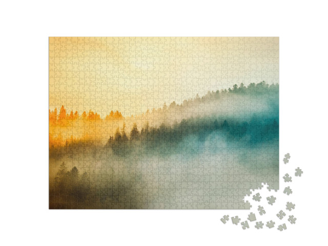 puzzle 1000 dílků „Krásný východ slunce nad lesem v ranní mlze“