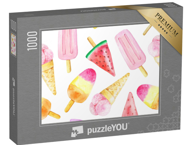 puzzle 1000 dílků „Bezešvý vzor s akvarelovou ovocnou zmrzlinou na tyči...“