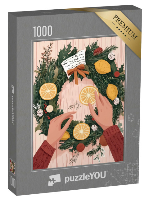 puzzle 1000 dílků „Ruce vytvoří stálezelený adventní věnec s citrony“