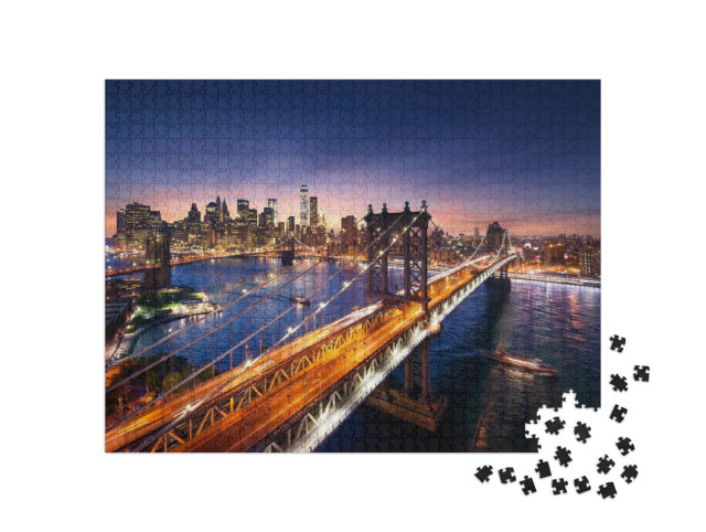 puzzle 1000 dílků „Západ slunce nad Manhattanem a Brooklynským mostem, New York, USA“