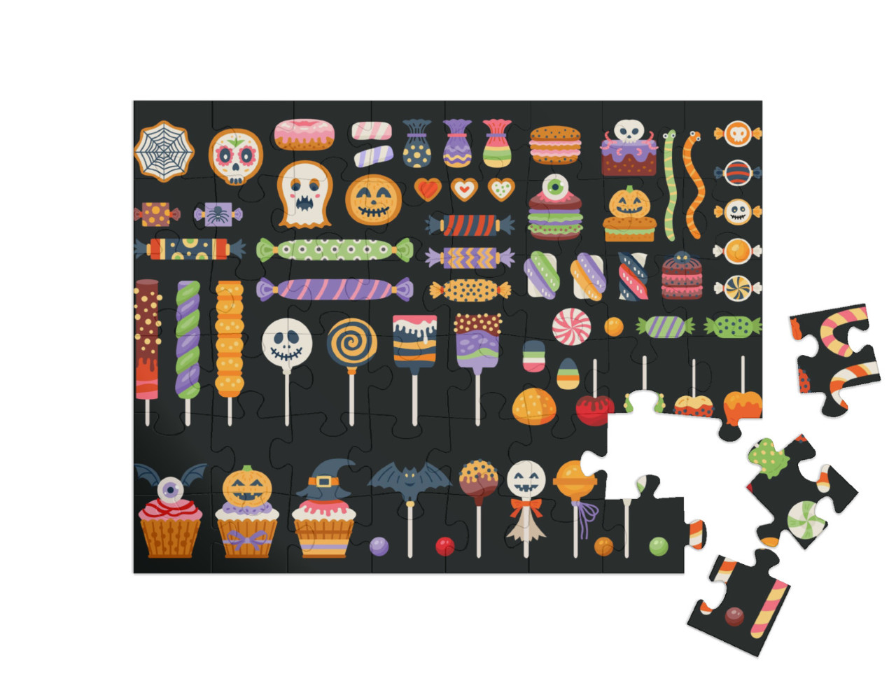 puzzle 48 dílků „Sladkosti, tyčinky a lízátka na Halloween“