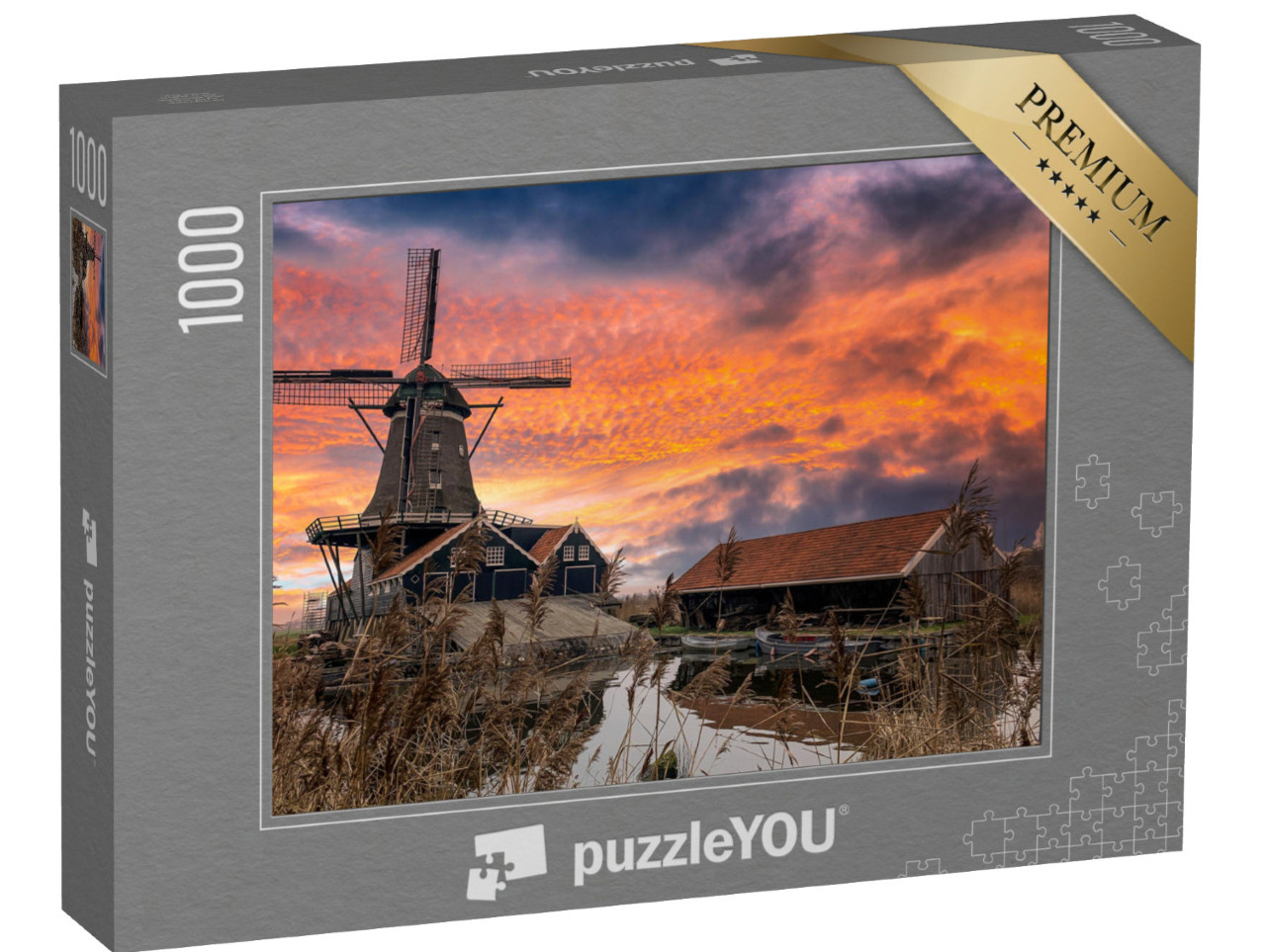 puzzle 1000 dílků „Větrný mlýn na řece při východu slunce“