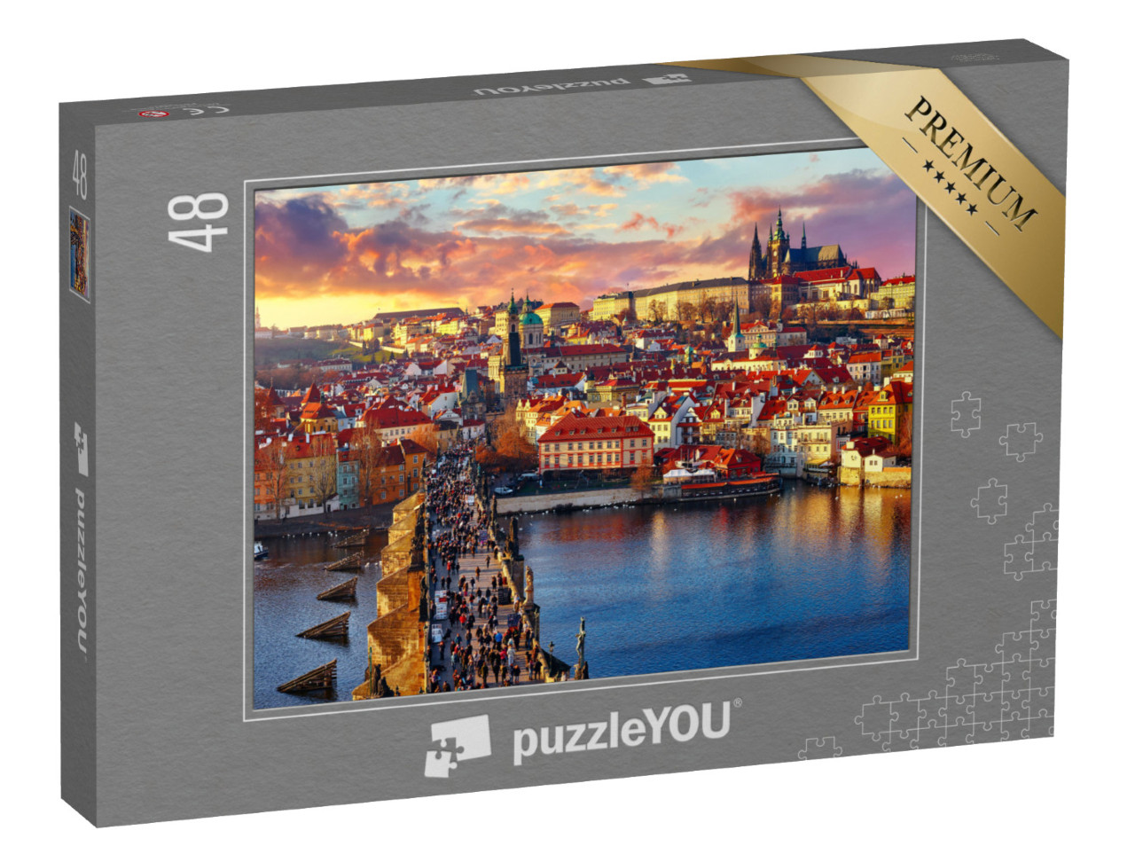puzzle 48 dílků „Panoramatický pohled na Karlův most, Pražský hrad a řeku shora“