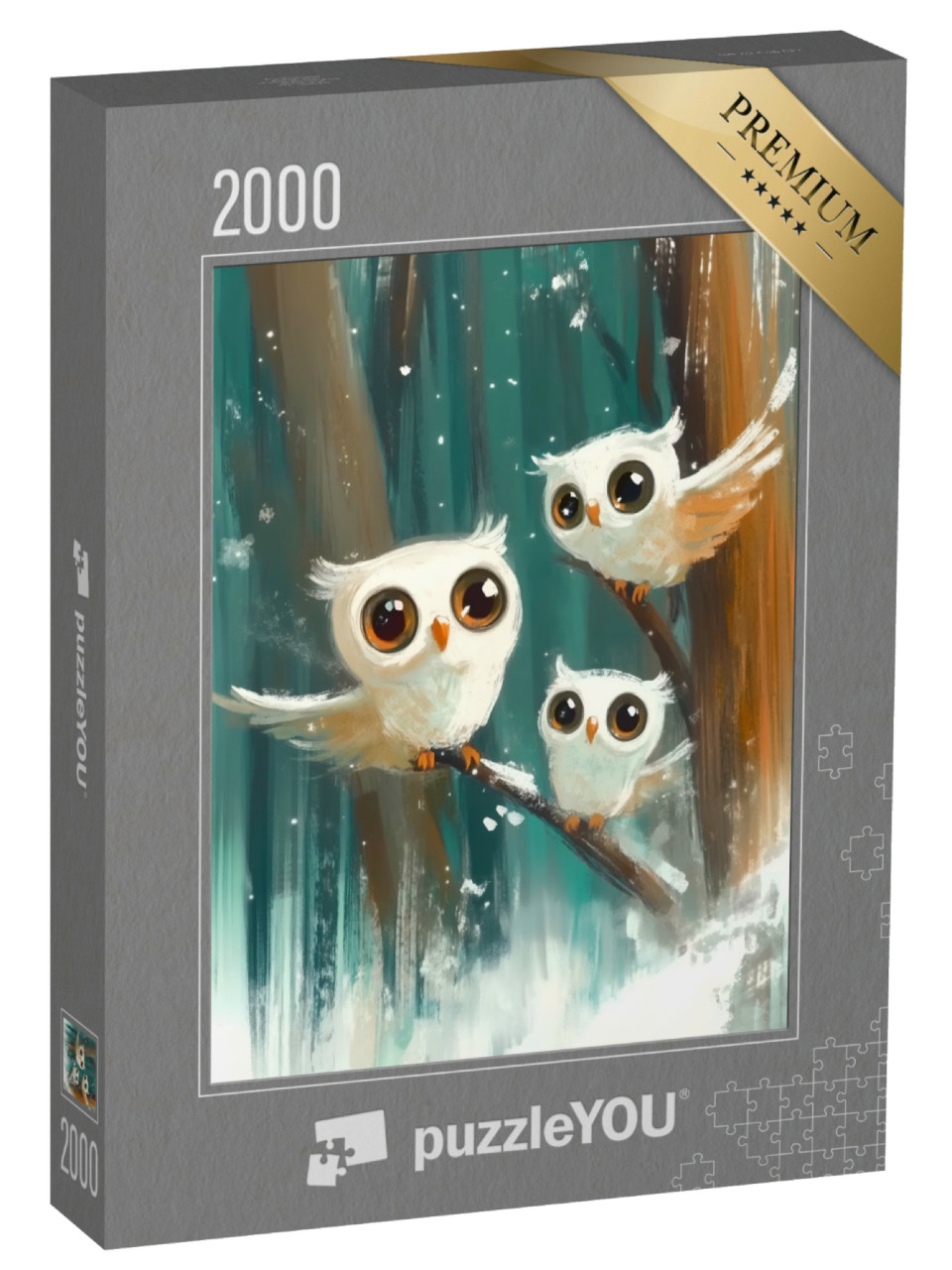 puzzle 2000 dílků „Tři sovy sněžné v zimním lese“