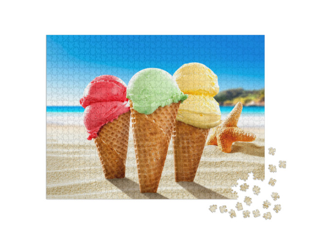 puzzle 1000 dílků „Zmrzlina na pláži a mušle s krajinou oceánu...“