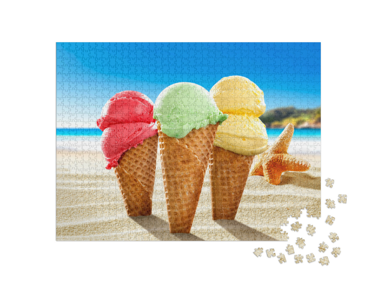 puzzle 1000 dílků „Zmrzlina na pláži a mušle s krajinou oceánu...“