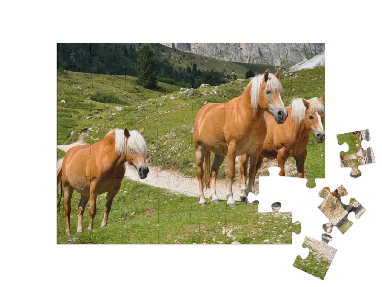 puzzle 48 dílků „Tři haflingští koně na horské pastvině v Jižním Tyrolsku, Itálie“
