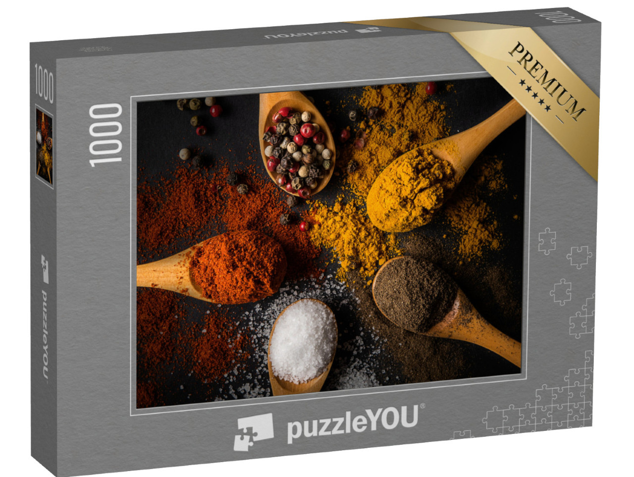 puzzle 1000 dílků „Různé druhy koření na dřevěných lžičkách“