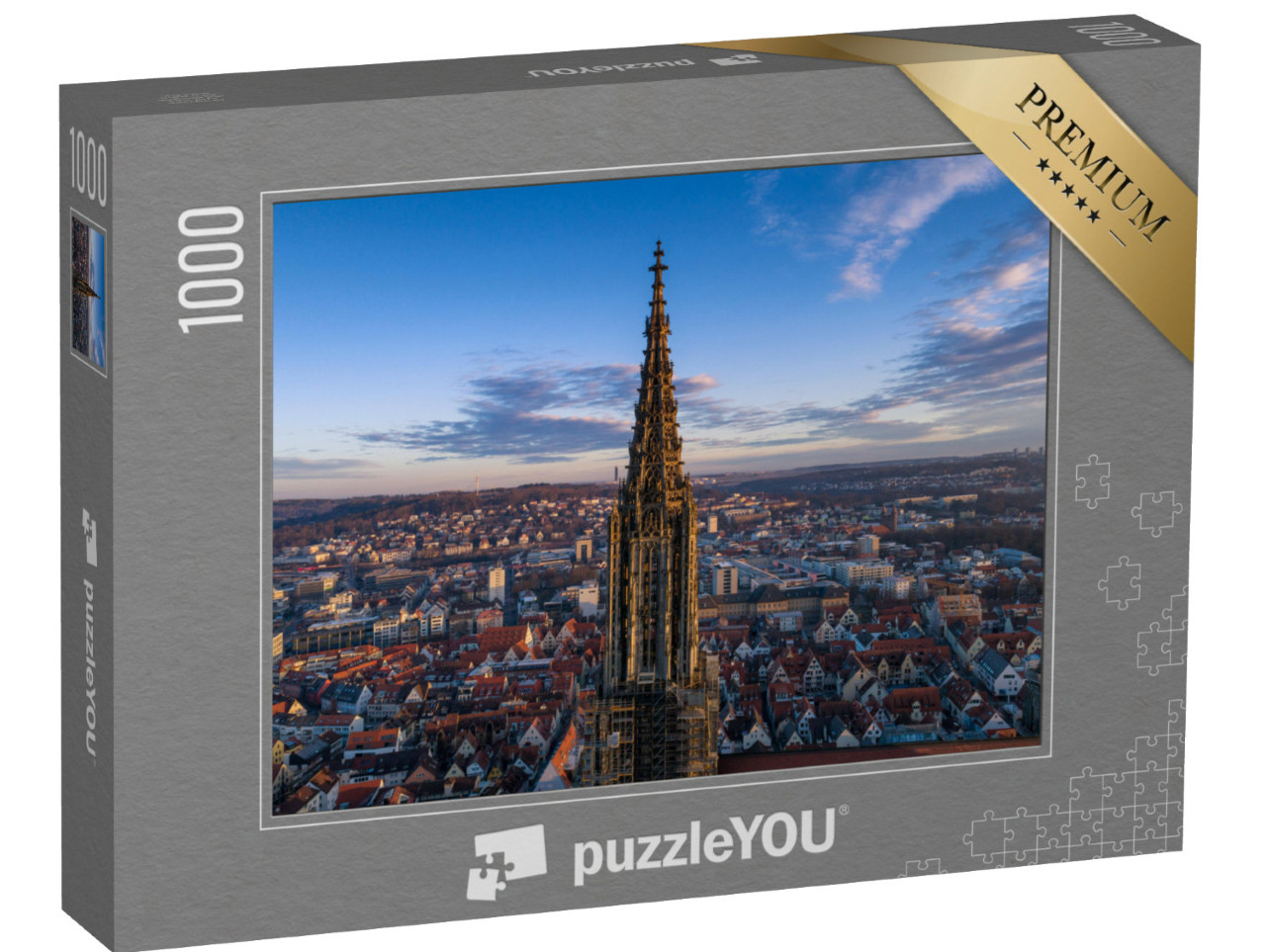 puzzle 1000 dílků „Ulmský kostel při východu slunce, záběr z dronu, Německo“