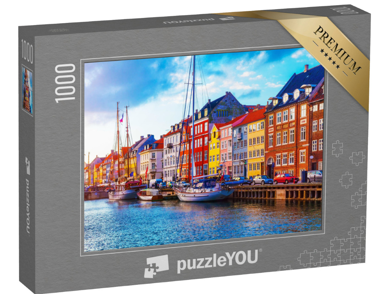 puzzle 1000 dílků „Západ slunce s výhledem na molo v Nyhavnu, lodě, jachty a barevné domy“