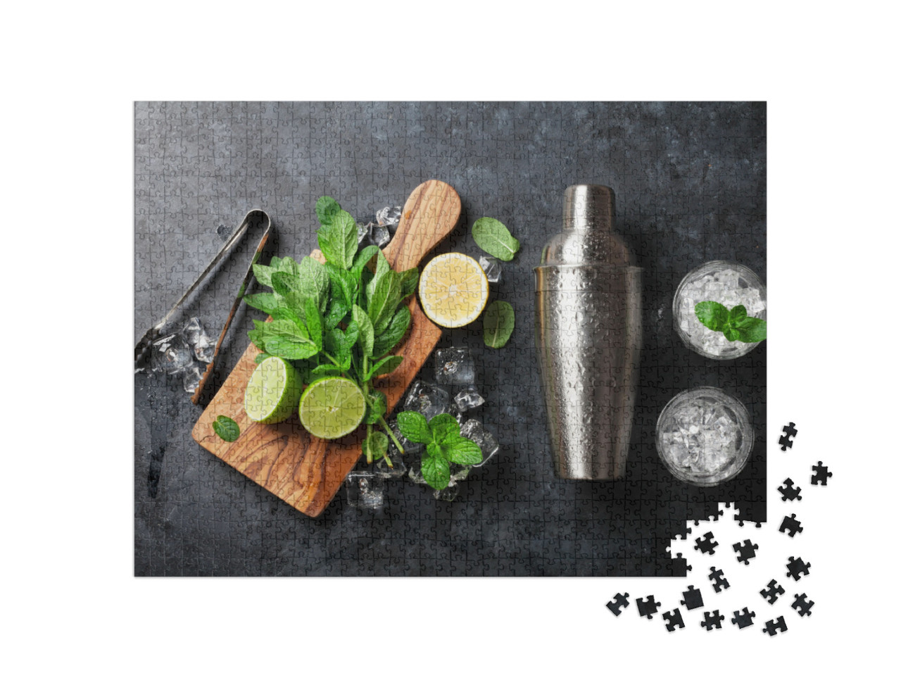 puzzle 1000 dílků „Ingredience na koktejl mojito: šejkr, máta, limetka, led.“