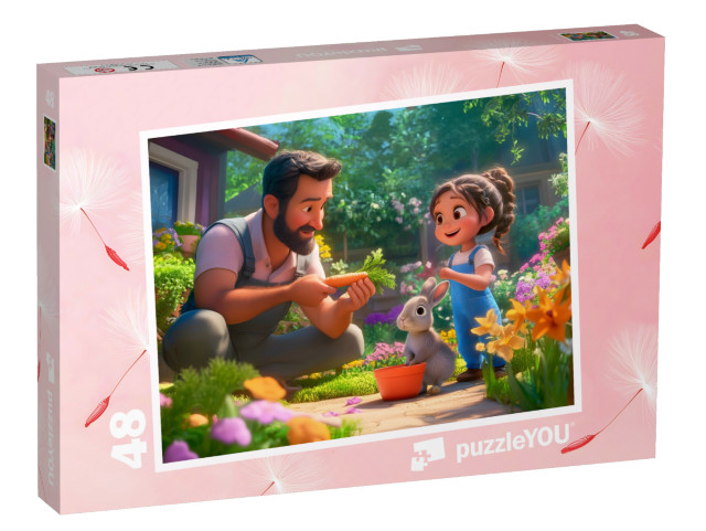 puzzle 48 dílků „S tatínkema a králíčke na zahradě“
