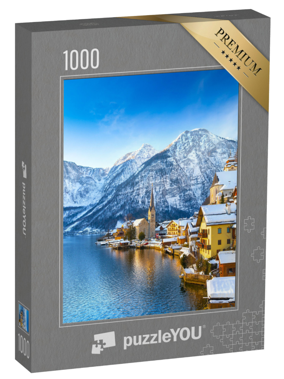 puzzle 1000 dílků „Hallstadt za letního dne s modrou oblohou, Rakousko“