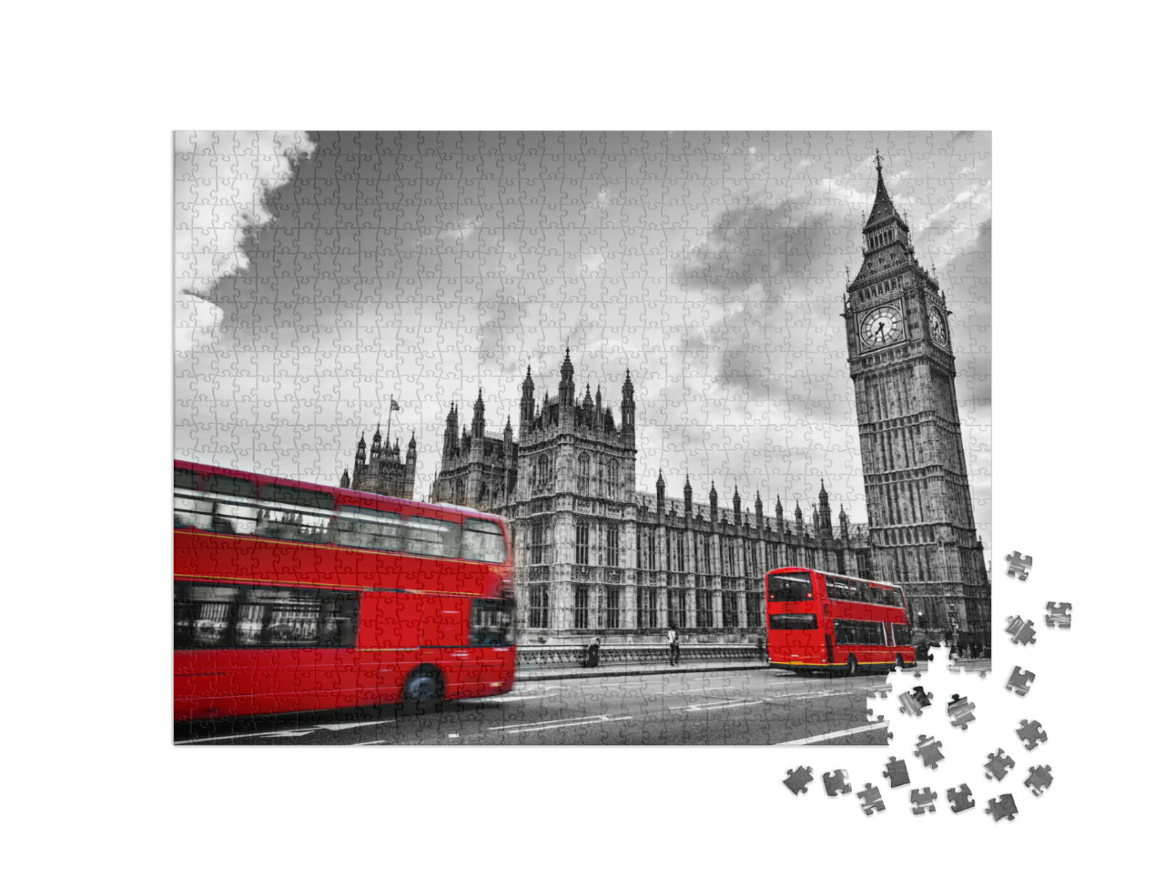 puzzle 1000 dílků „Westminsterský palác, Big Ben, autobus Routmaster, Londýn, Anglie“