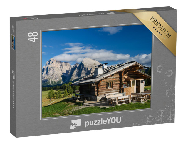 puzzle 48 dílků „Chata na Seiser Alm s Plattkofelem a Langkofelem, Jižní Tyrolsko“
