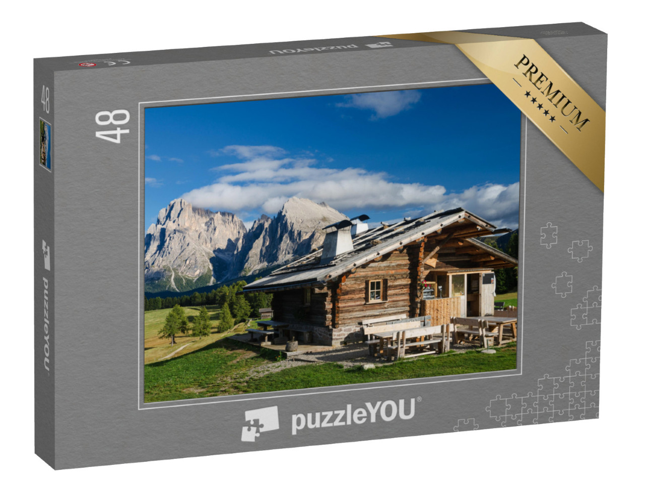 puzzle 48 dílků „Chata na Seiser Alm s Plattkofelem a Langkofelem, Jižní Tyrolsko“