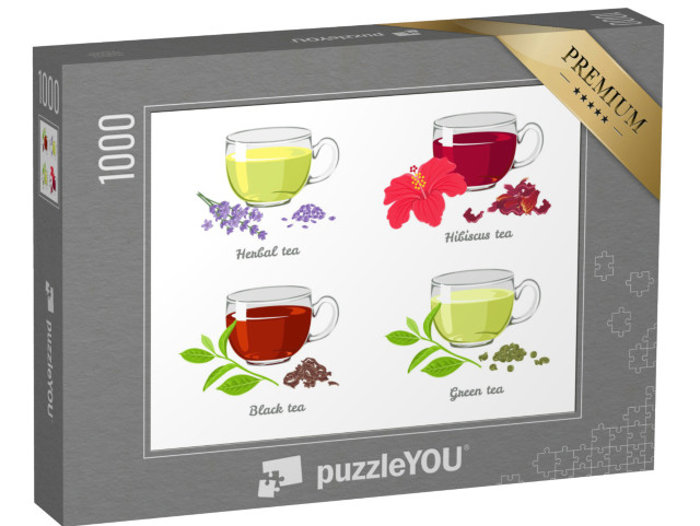 puzzle 1000 dílků „Sada různých čajů ve skleněných šálcích izolovaných na bílém pozadí...“