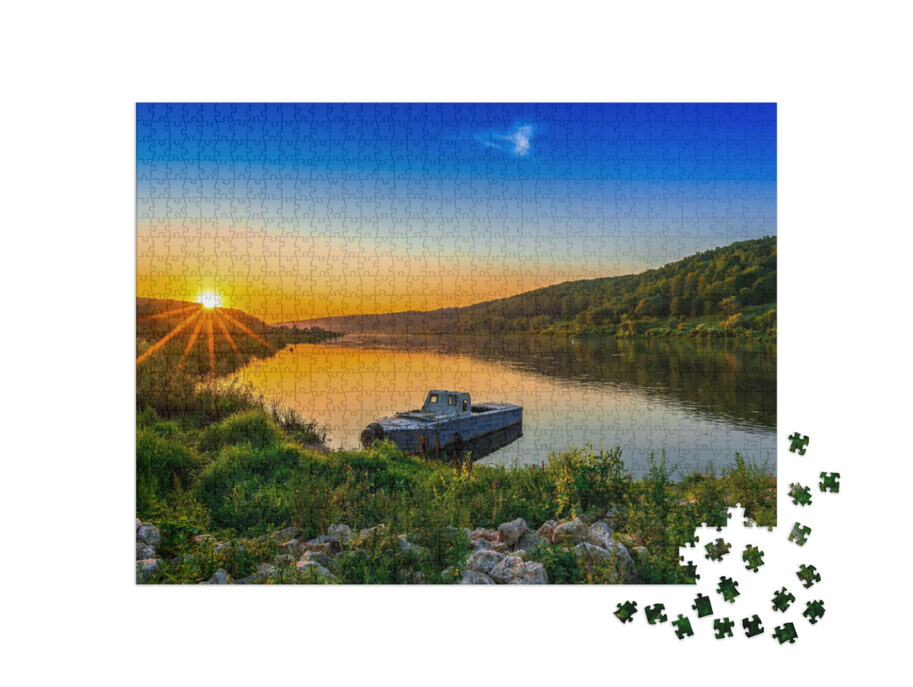 puzzle 1000 dílků „Říční loď ve zlatém západu slunce“