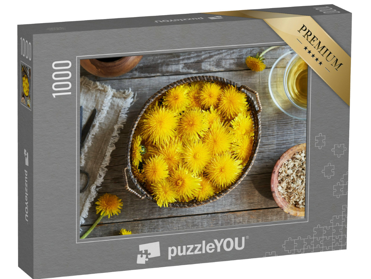 puzzle 1000 dílků „Čerstvé květy pampelišek v košíku na stole se sušenými...“