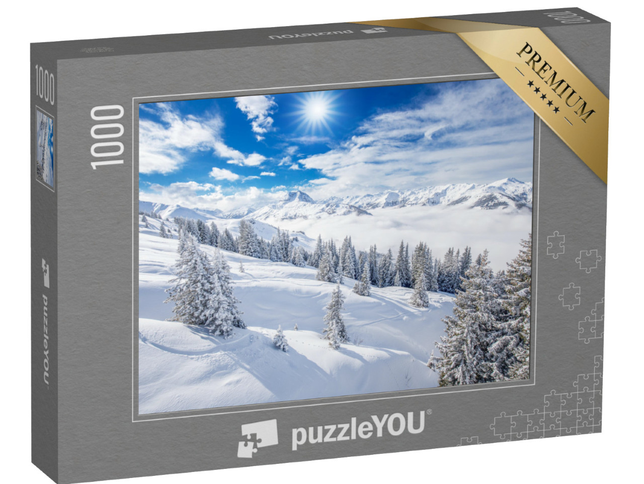 puzzle 1000 dílků „Stromy pokryté čerstvým sněhem v Alpách, kouzlo zimy“