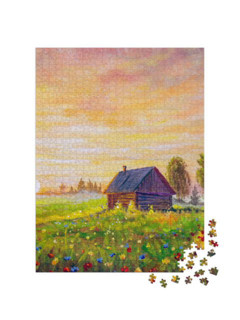 puzzle 1000 dílků „Olejomalba: Chata na letní louce večer“