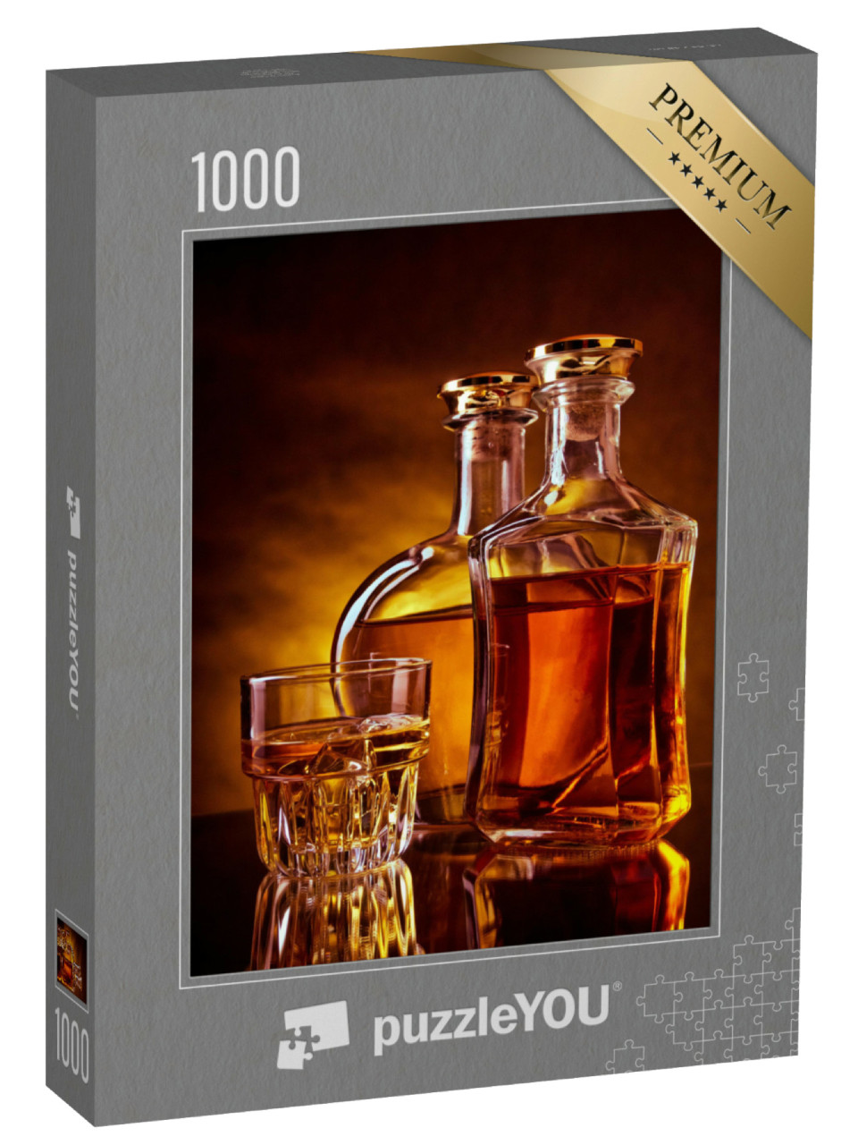 puzzle 1000 dílků „Sklenice s kostkami ledu a dvěma lahvemi whisky“