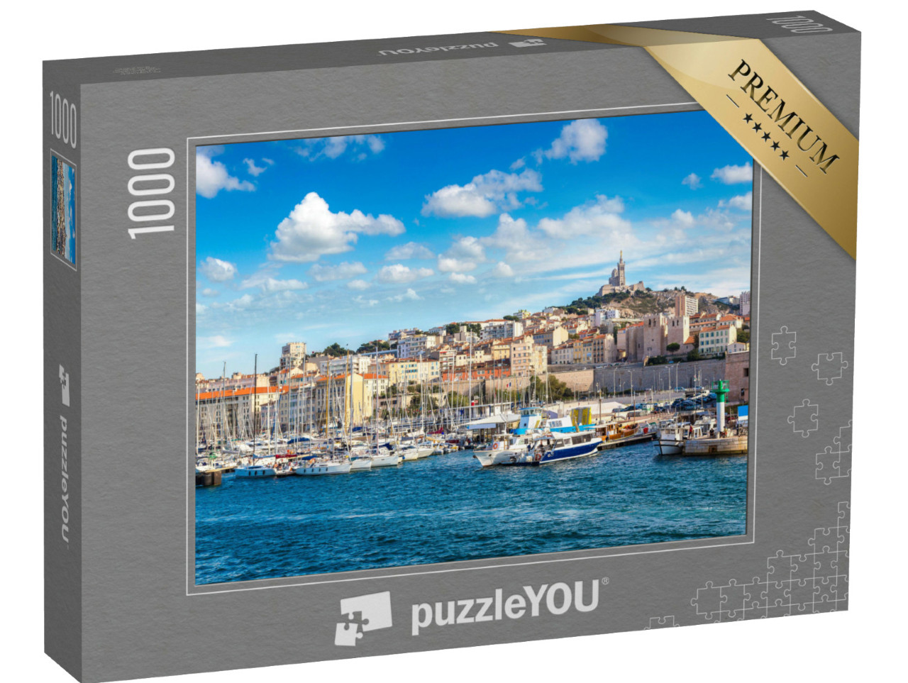 puzzle 1000 dílků „Bazilika Notre Dame de la Garde a přístav, Marseille, Francie“