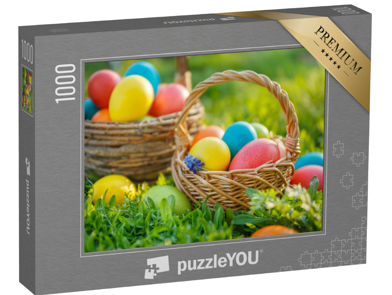 puzzle 1000 dílků „Šťastné Velikonoce! Barevná velikonoční vajíčka v košících“