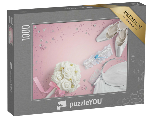 puzzle 1000 dílků „Svatební doplňky na růžovém pozadí s kopií“