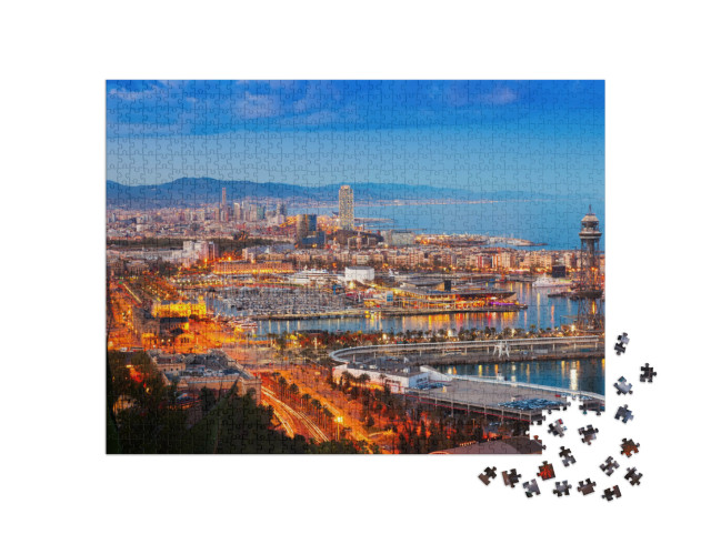 puzzle 1000 dílků „Panorama Barcelony s přístavem v noci, Španělsko“