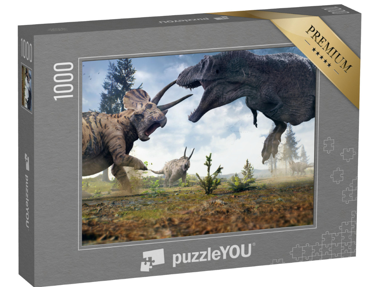 puzzle 1000 dílků „Tyranosaurus Rex v bitvě se stádem triceratopsů“