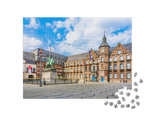 puzzle 1000 dílků „Radnice a jezdecká socha Jana Wellema, Düsseldorf“