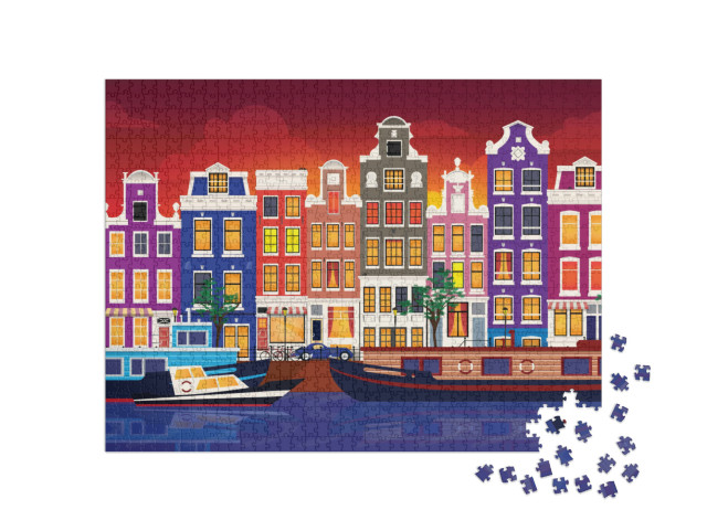 puzzle 1000 dílků „Vektorová ilustrace barevných domů v Amsterdamu, Holandsko“