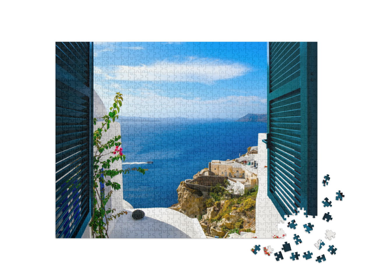 puzzle 1000 dílků „Pohled z okna ve vesnici Oia na ostrově Santorini, Řecko“